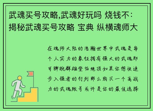 武魂买号攻略,武魂好玩吗 烧钱不：揭秘武魂买号攻略 宝典 纵横魂师大陆